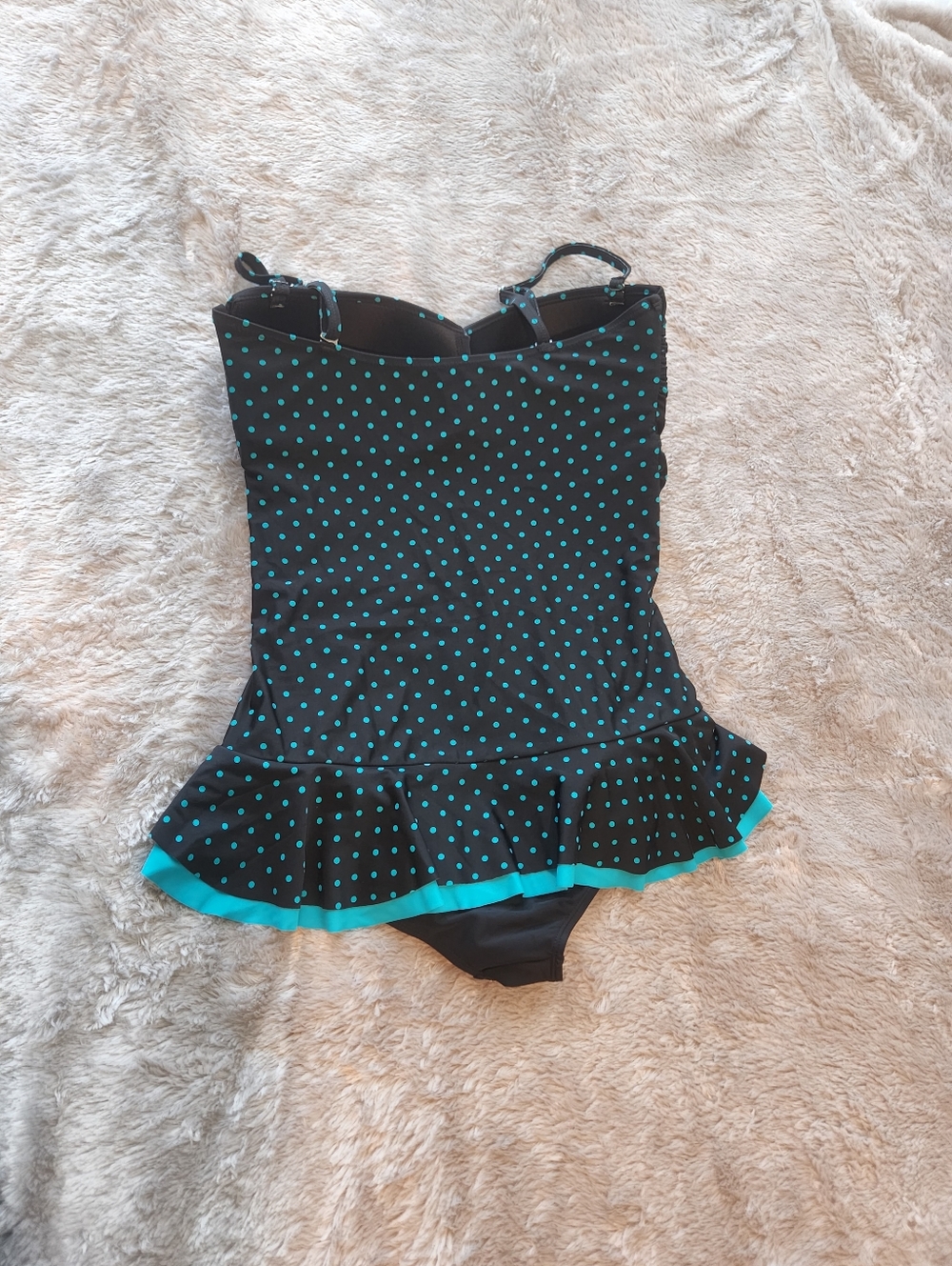Classic Black Polka-Dot Swimdress with Teal Ruffle - Picture 2 of 5